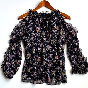 1. STATE Black Cold Shoulder Floral Sheer Blouse